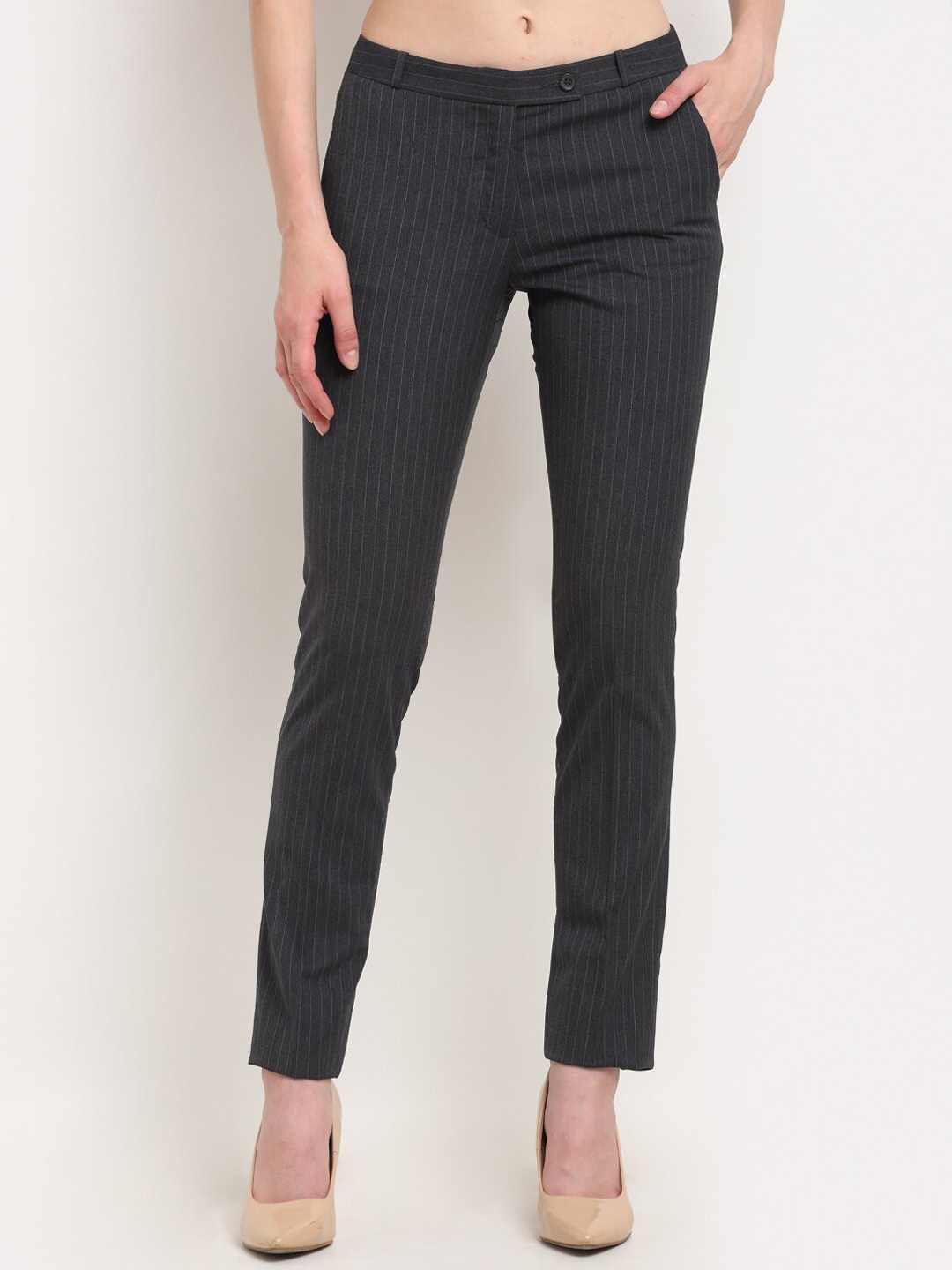 

Crozo By Cantabil Women Grey Striped Slim Fit Cotton Formal Trousers