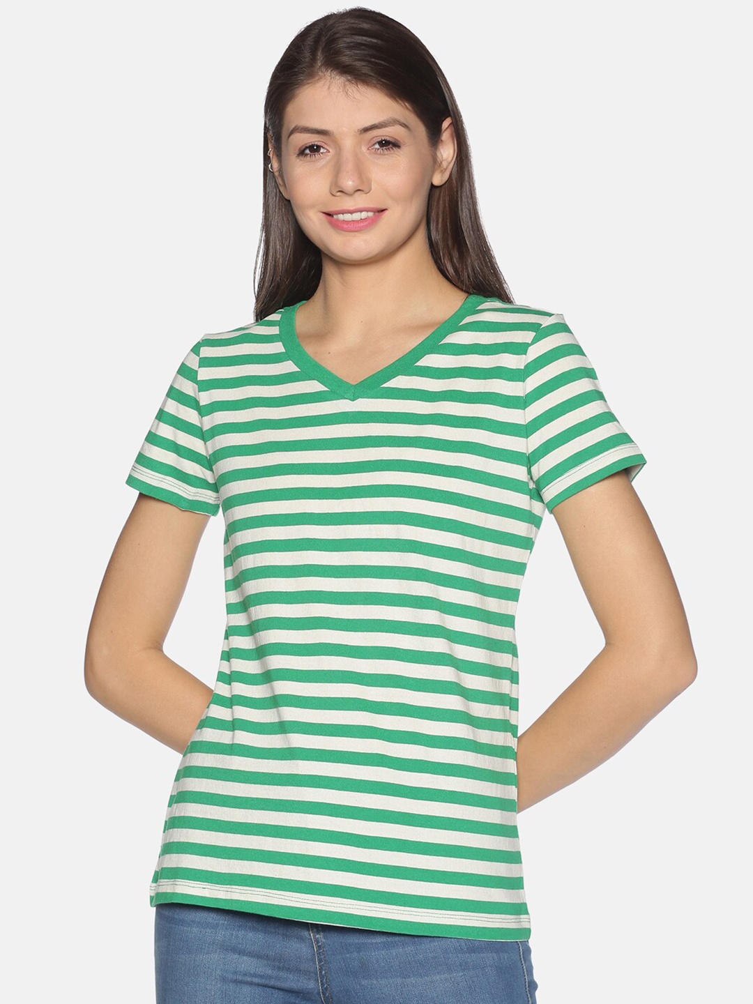 

UrGear Women Green & Off White Striped V-Neck T-shirt