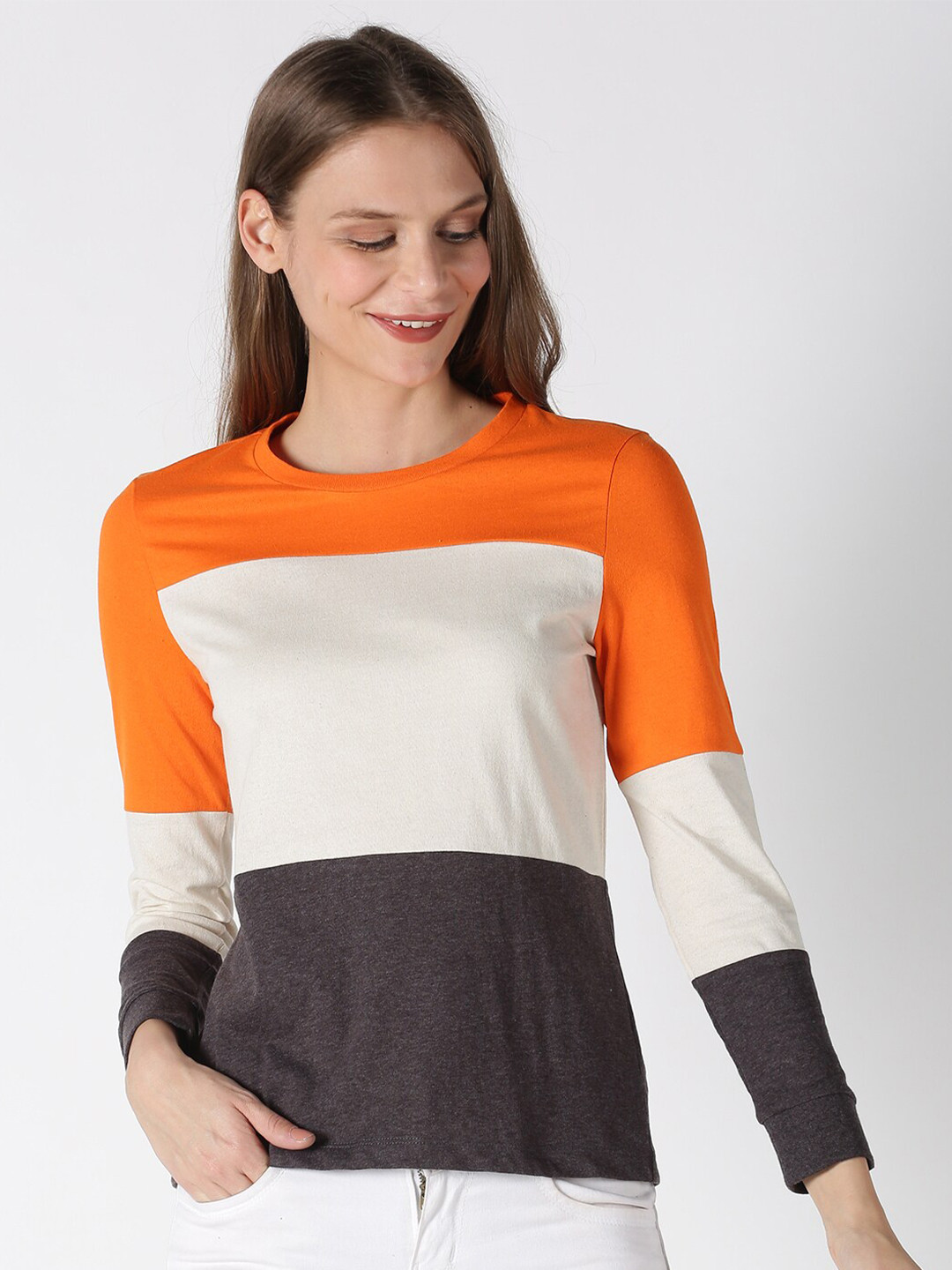 

UrGear Women White & Orange Colourblocked Outdoor T-shirt
