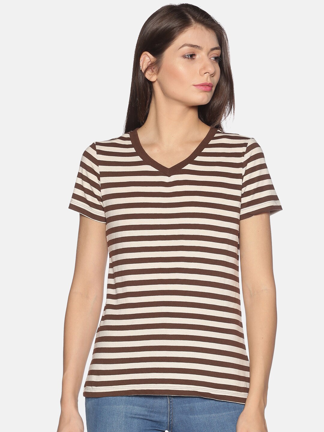 

UrGear Women Brown Striped V-Neck Cut Outs Outdoor T-shirt