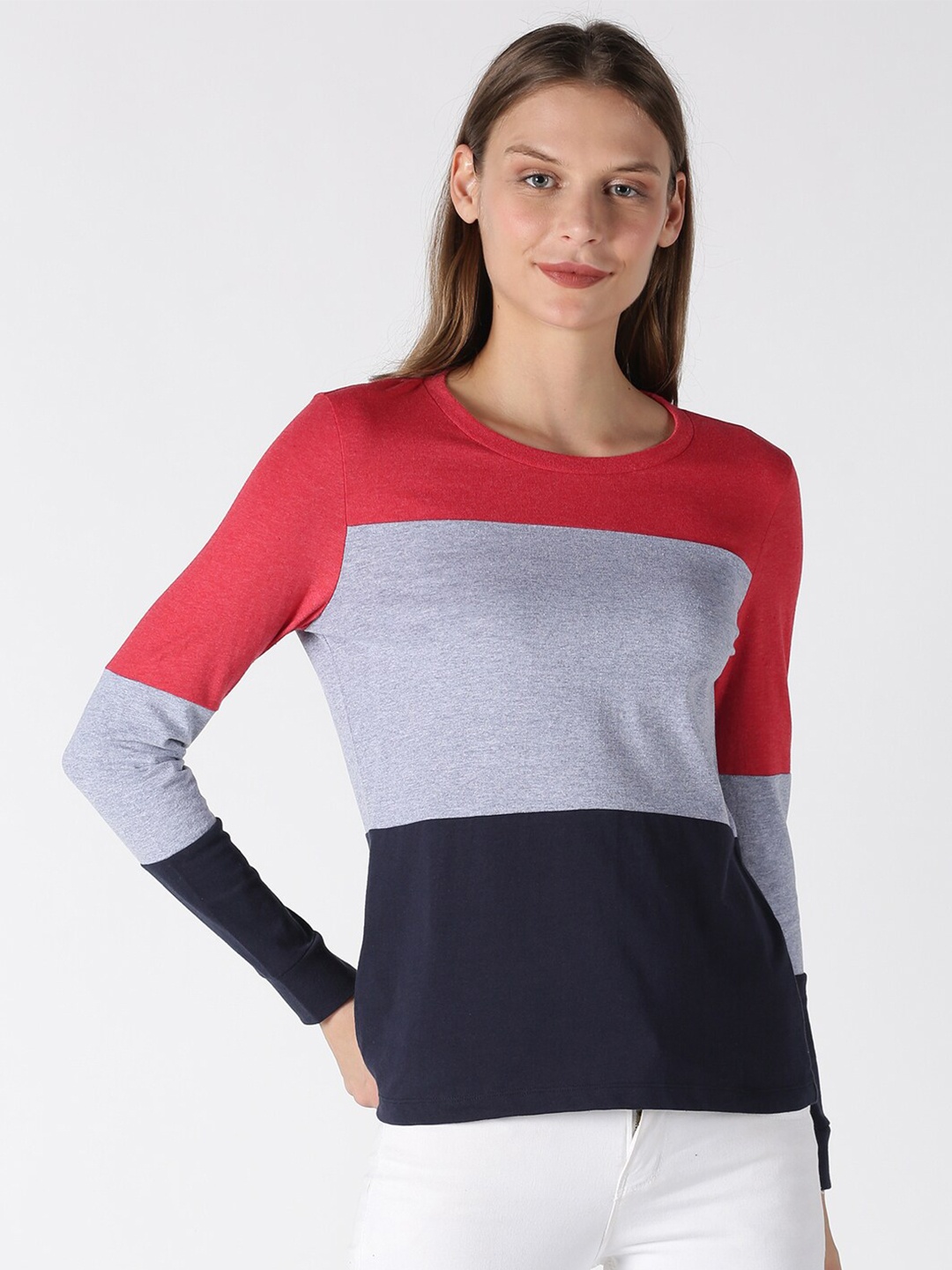 

UrGear Women Grey & Red Colourblocked Cotton T-shirt