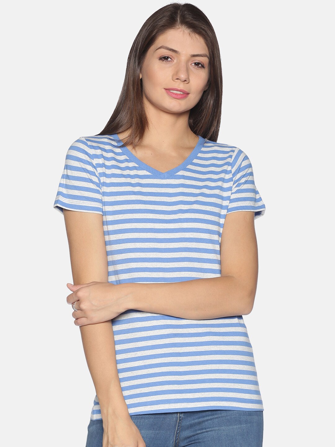 

UrGear Women Blue Striped V-Neck Pockets T-shirt