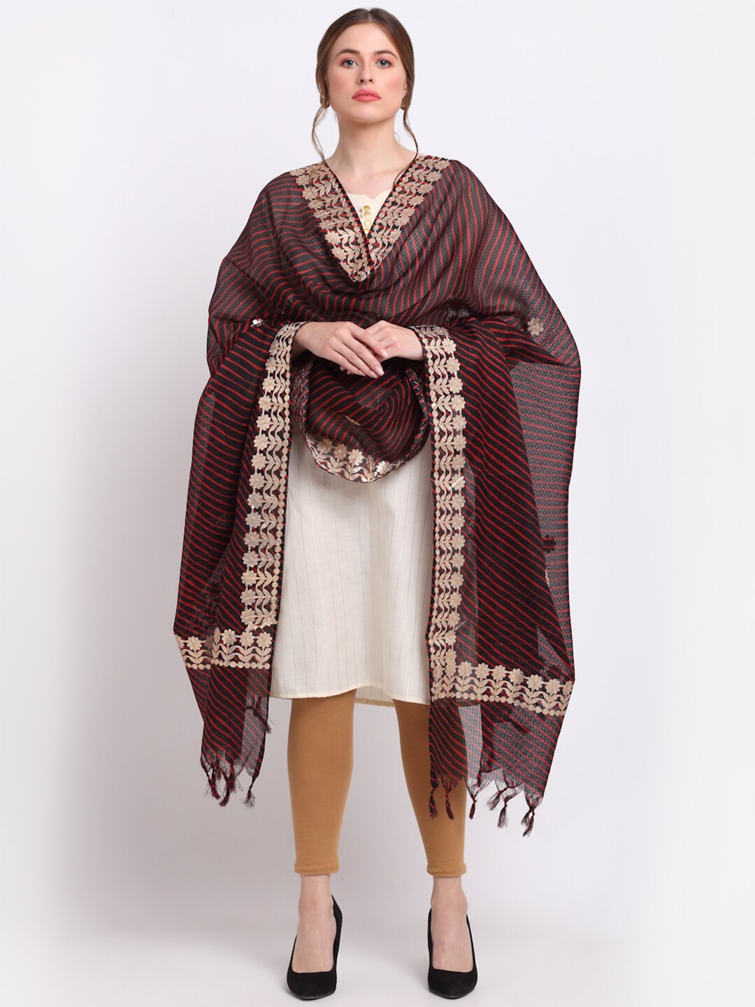 

SOUNDARYA Black & Red Striped Pure Cotton Leheriya Dupatta