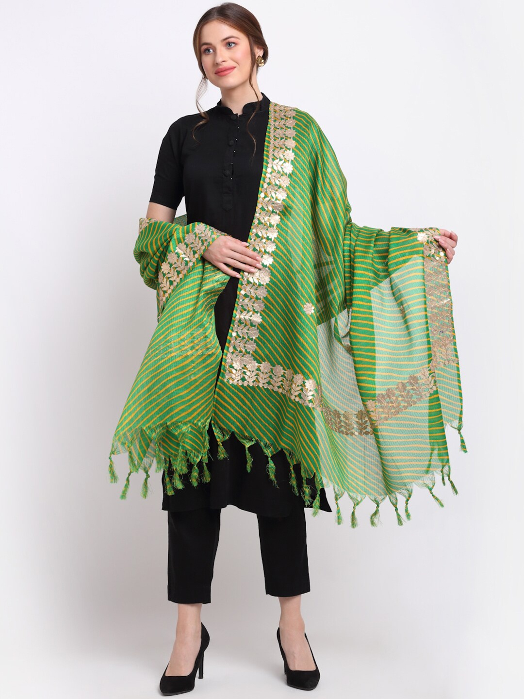 

SOUNDARYA Green & Yellow Striped Pure Cotton Leheriya Dupatta with Gotta Patti