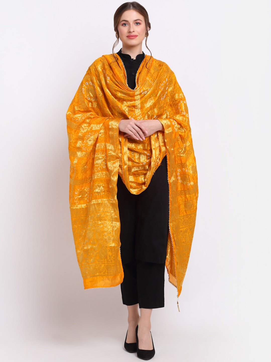 

SOUNDARYA Yellow & Gold Ethnic Motifs Woven Design Dupatta with Zari