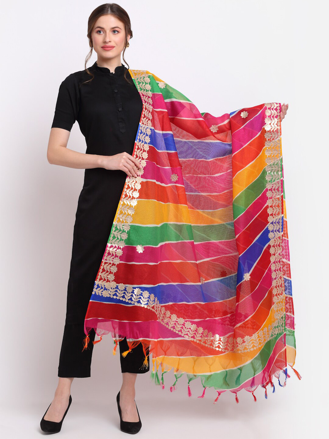 

SOUNDARYA Blue & Red Striped Pure Cotton Leheriya Dupatta with Gotta Patti