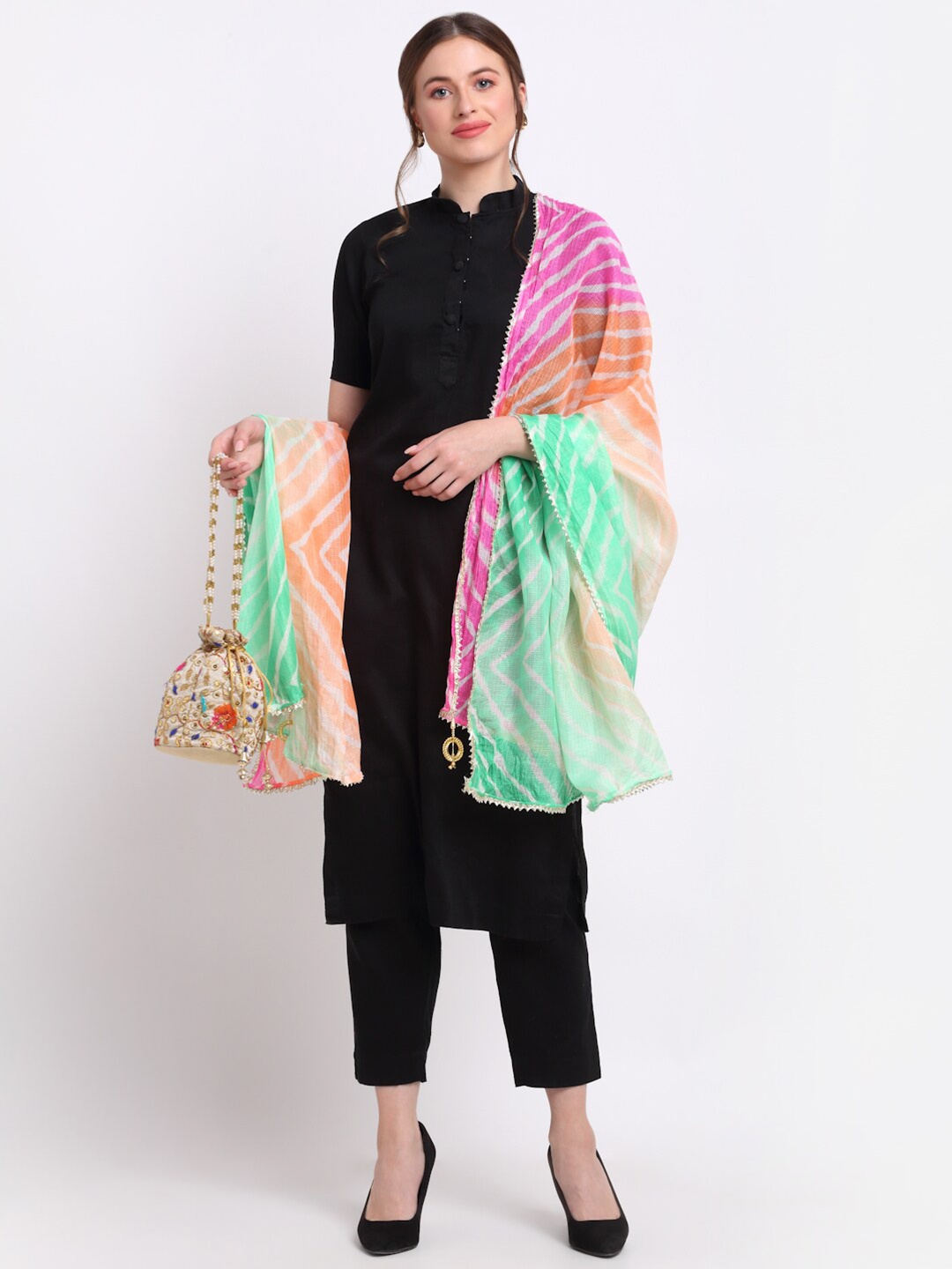 

SOUNDARYA Green & Pink Striped Pure Cotton Leheriya Dupatta