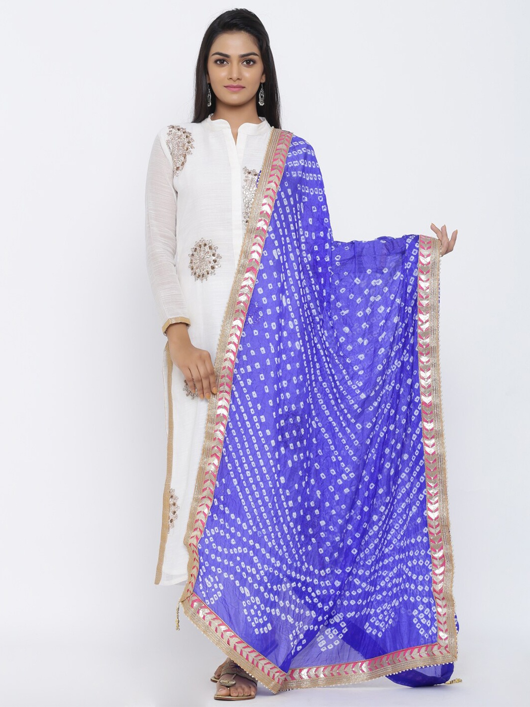 

SOUNDARYA Blue & Gold-Toned Printed Art Silk Tie & Dye Dupatta With Gotta Patti