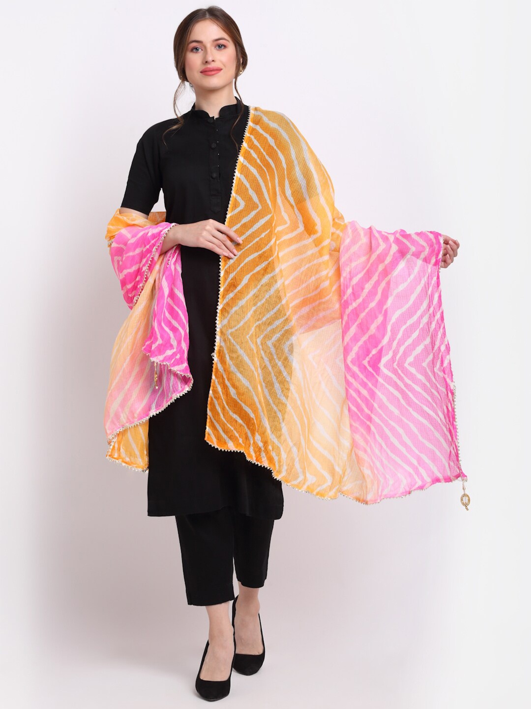 

SOUNDARYA Orange & White Striped Pure Cotton Leheriya Dupatta