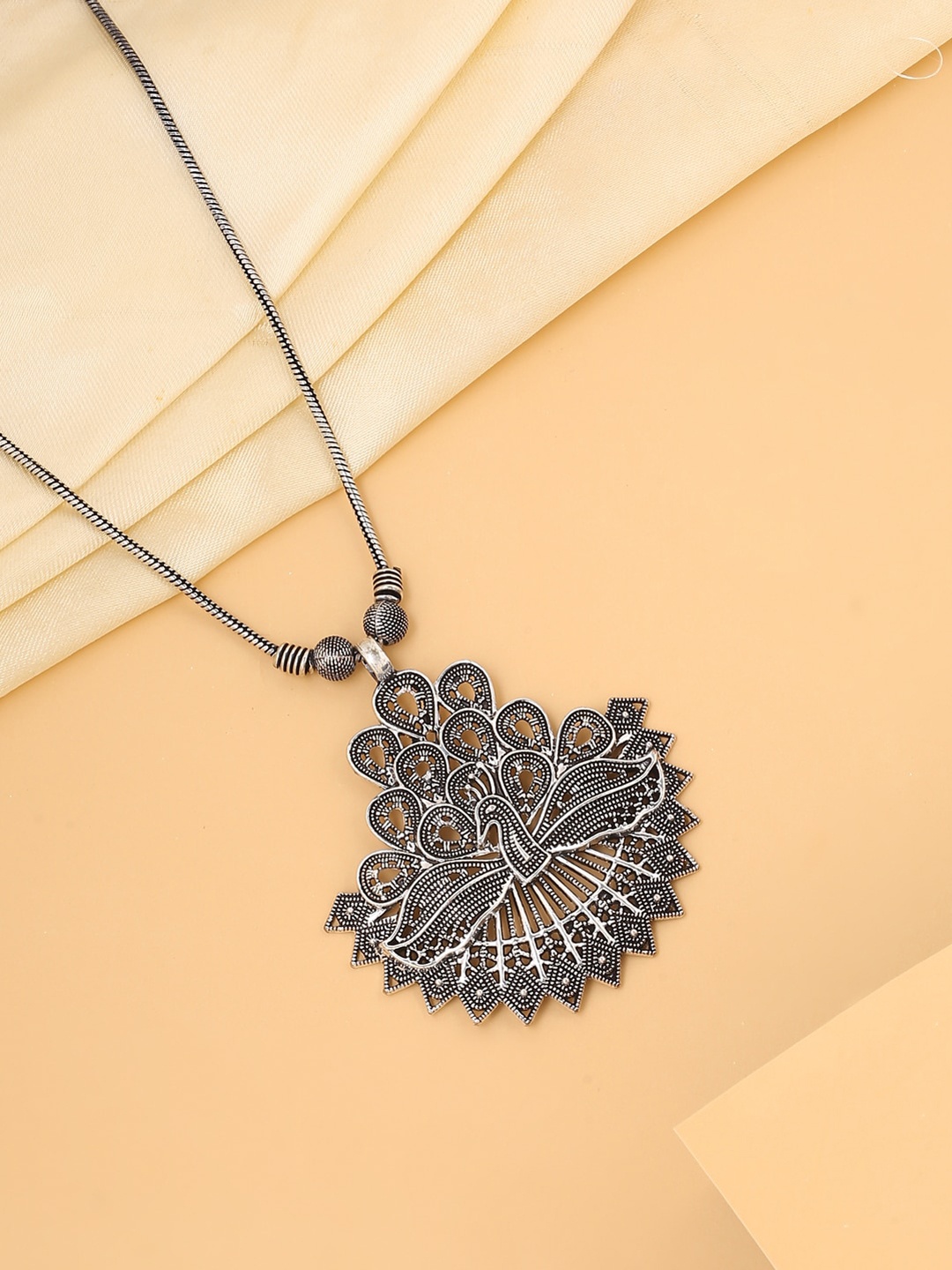 

VIRAASI Oxidised Silver-Plated Peacock Pendant With Chain