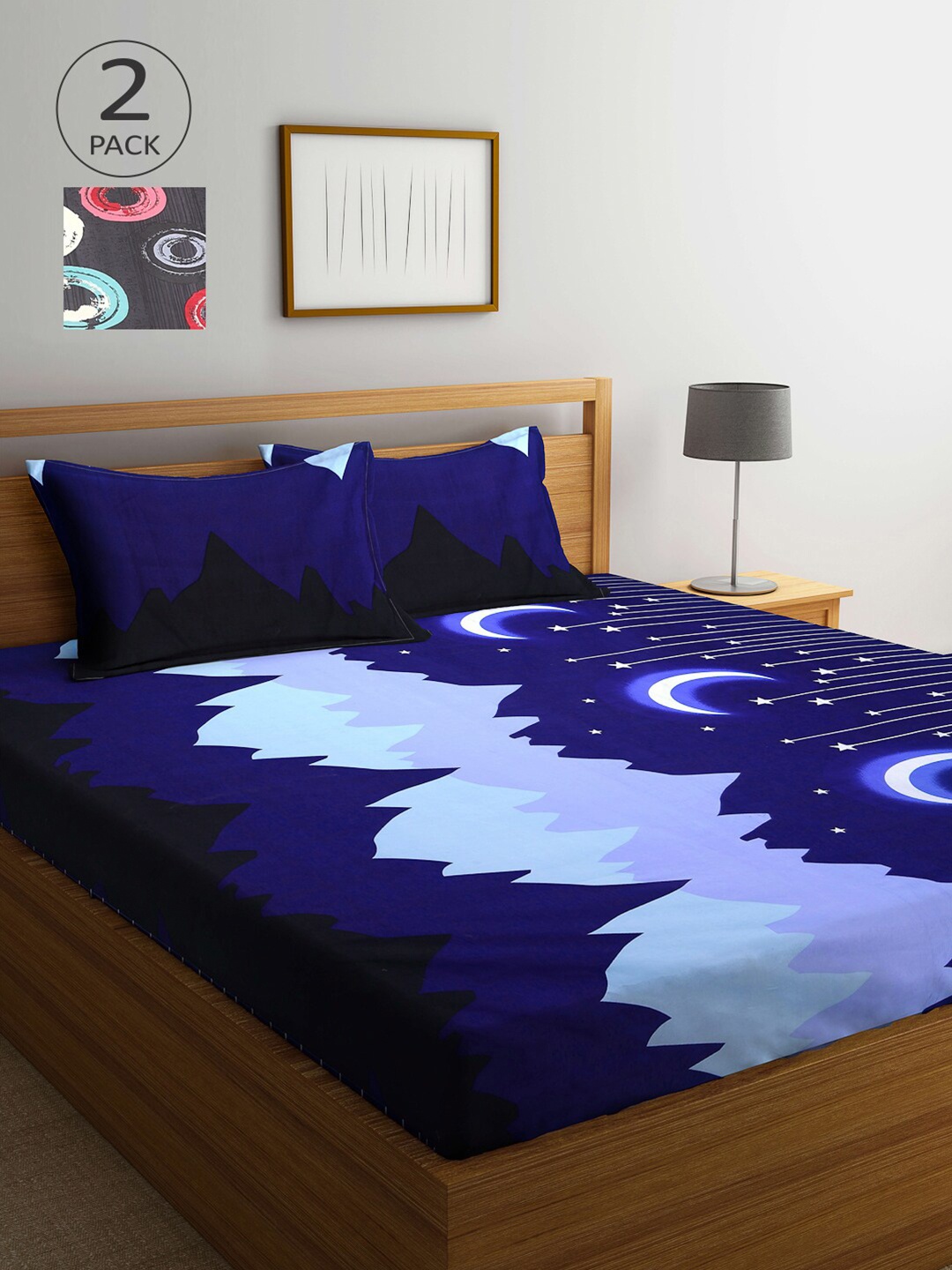 

Arrabi Blue & Black Graphic 210 TC 2 King Bedsheet with 4 Pillow Covers