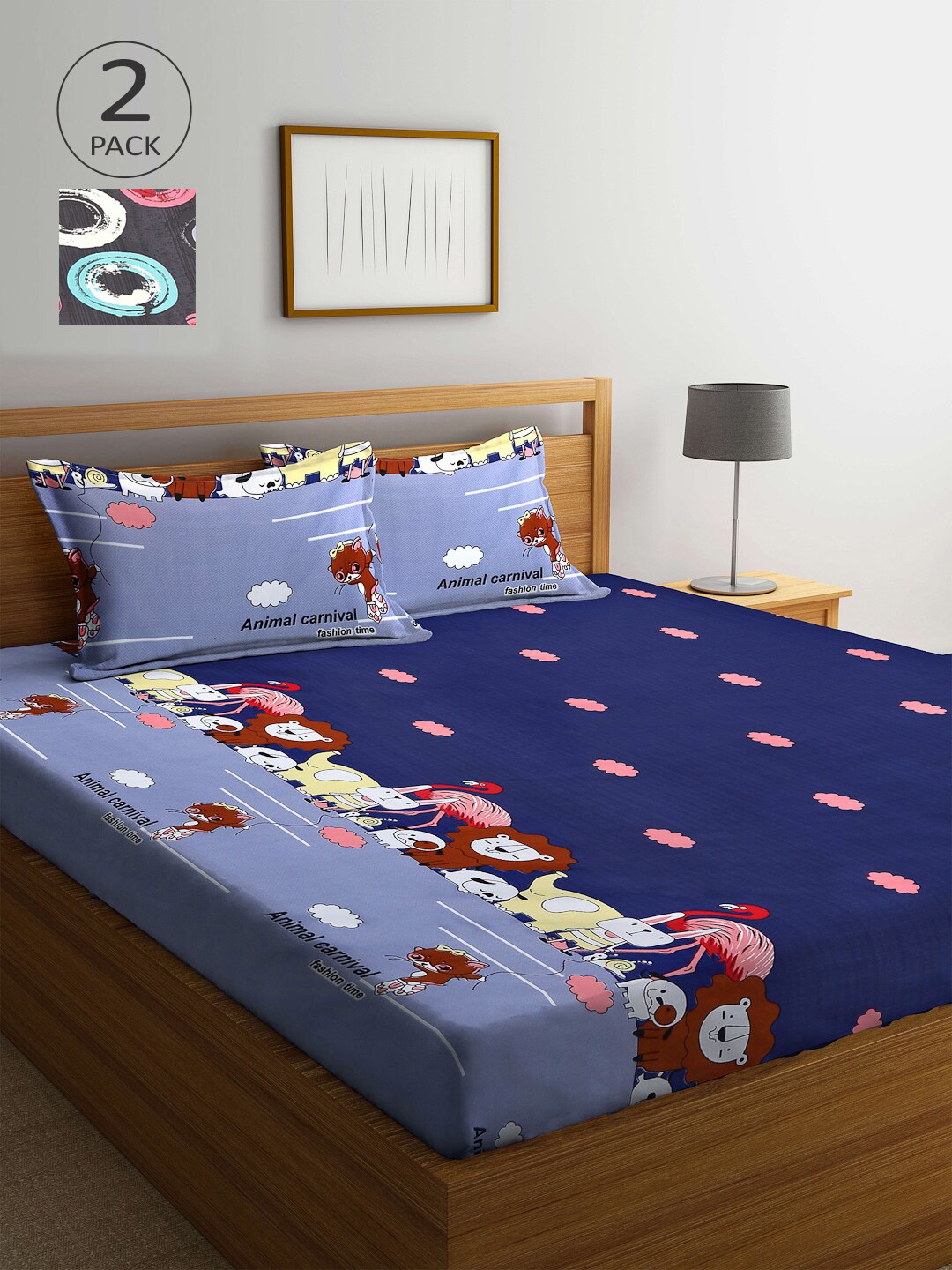 

Arrabi Blue & Grey Cartoon Characters 210 TC 2 King Bedsheet with 4 Pillow Covers