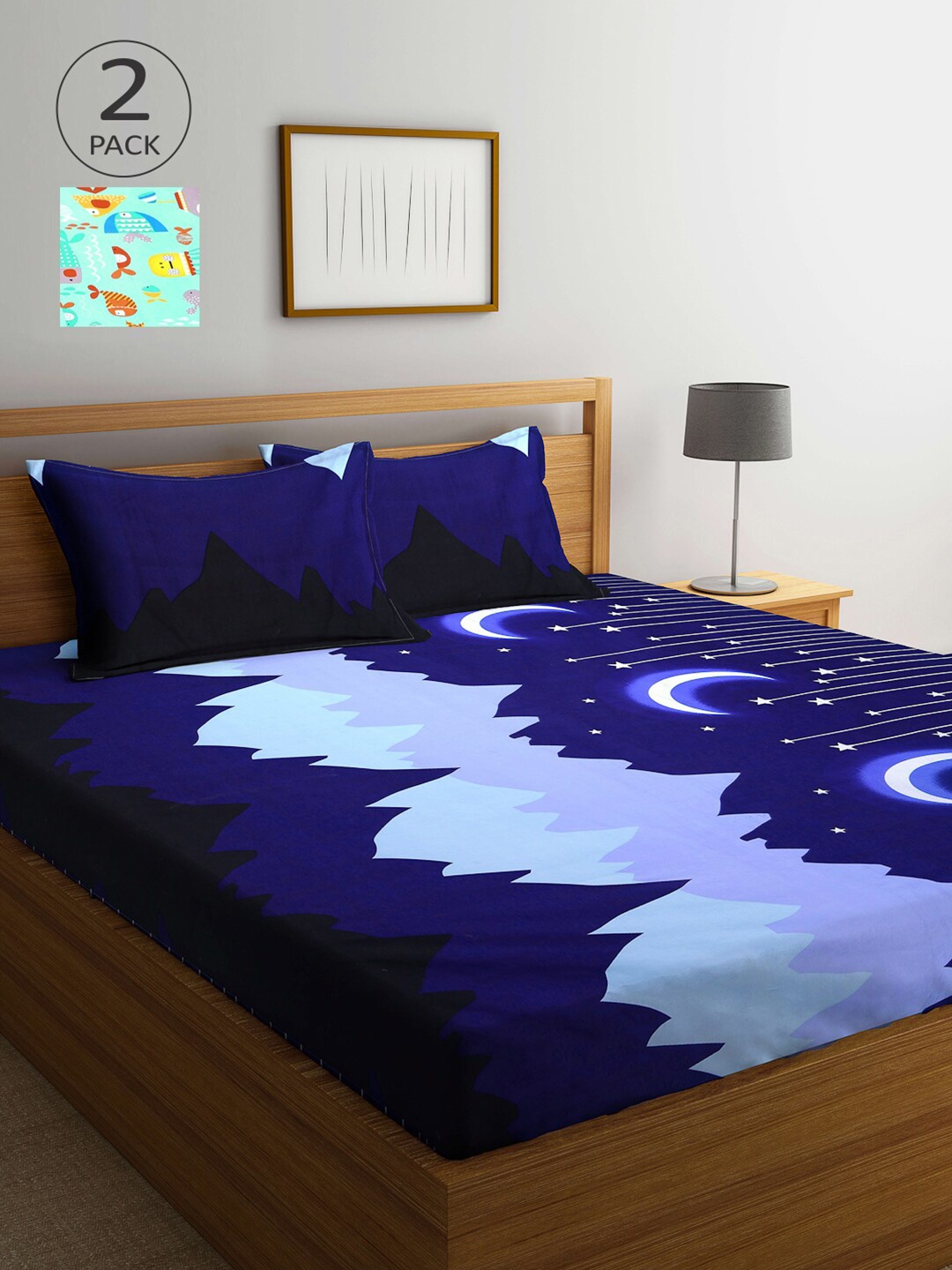 

Arrabi Navy Blue & Green Graphic 210 TC 2 King Bedsheet with 4 Pillow Covers
