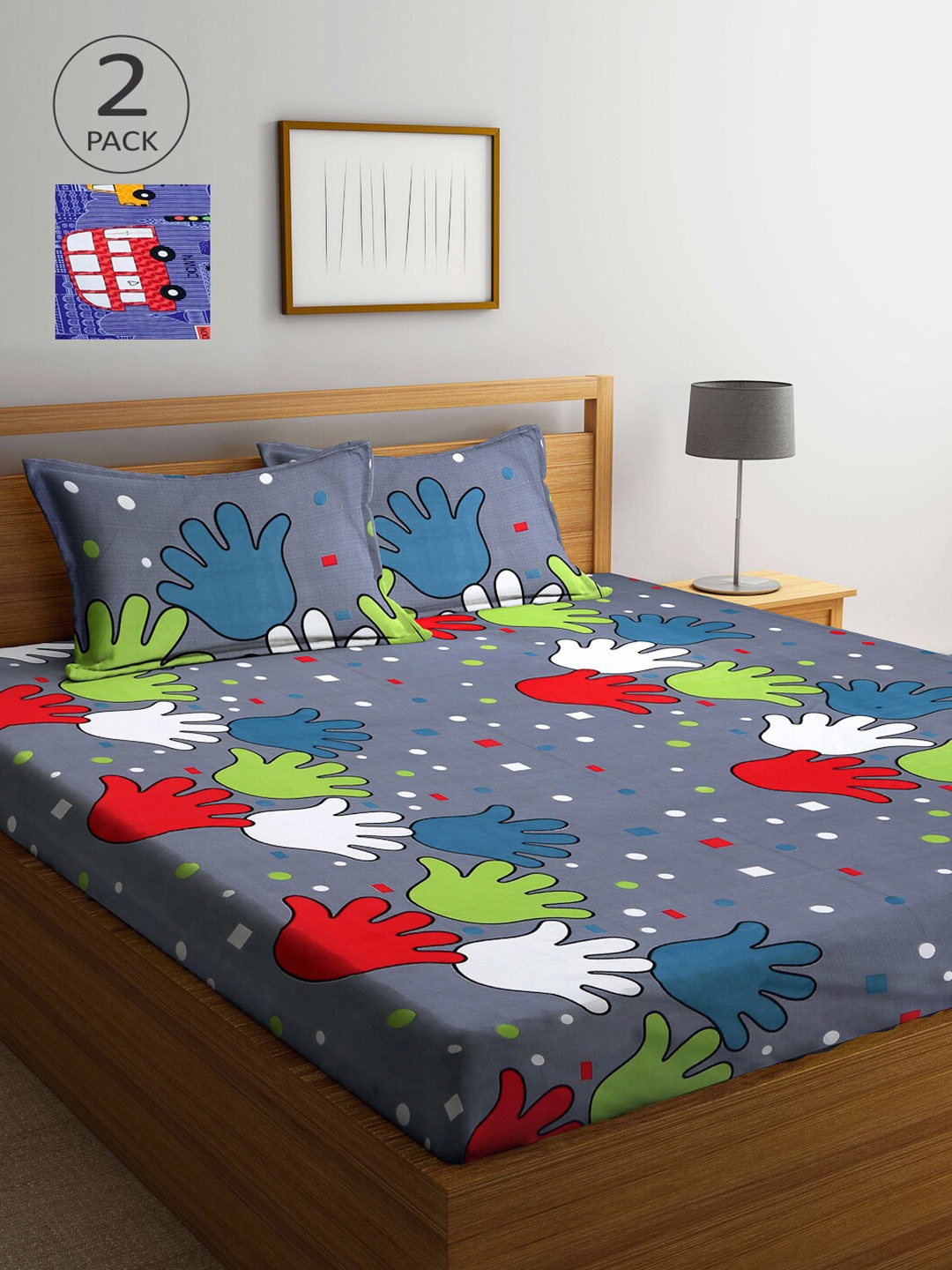 

Arrabi Grey & Blue Graphic 210 TC 2 King Bedsheet with 4 Pillow Covers