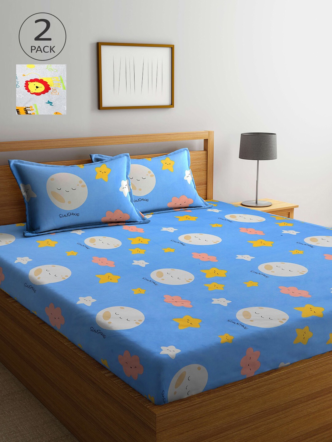 

Arrabi Blue & White Cartoon Characters 210 TC 2 King Bedsheet with 4 Pillow Covers