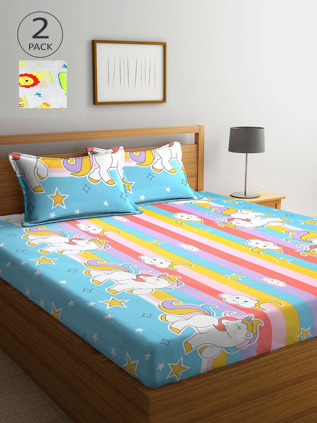 

Arrabi Turquoise Blue & Pink Cartoon Characters 210 TC 2 King Bedsheet with 4 Pillow Covers