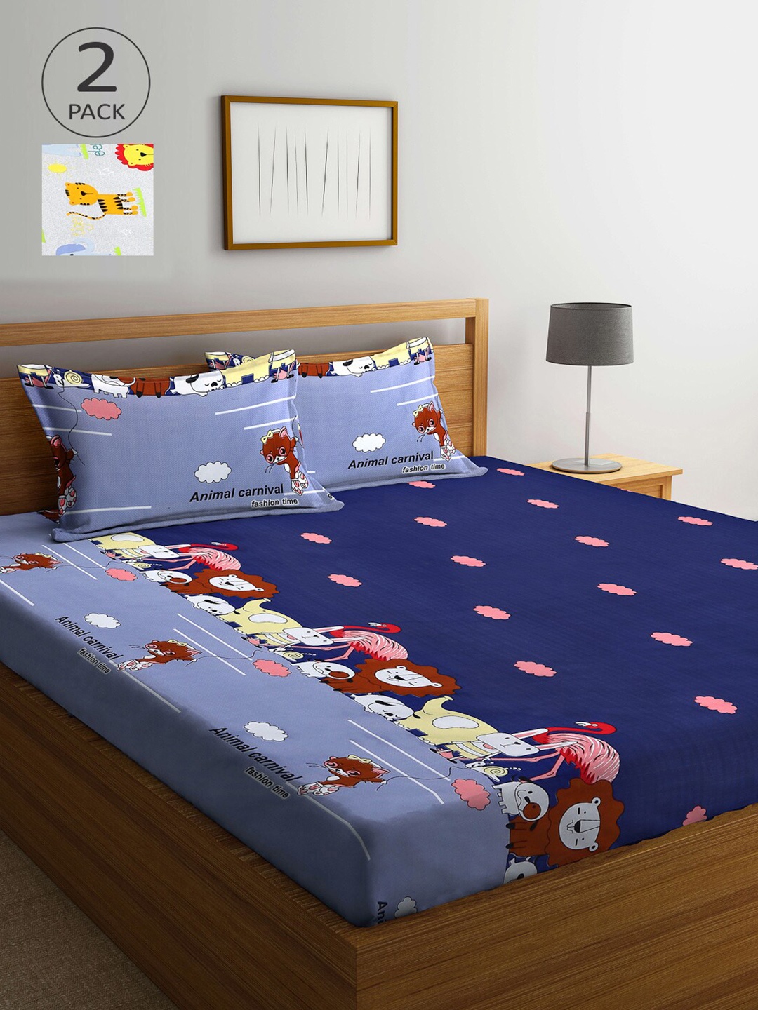 

Arrabi Navy Blue & Grey Cartoon Characters 210 TC 2 King Bedsheet with 4 Pillow Covers