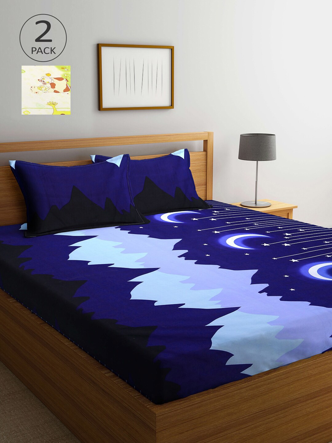 

Arrabi Off White & Blue Graphic 210 TC 2 King Bedsheet with 4 Pillow Covers