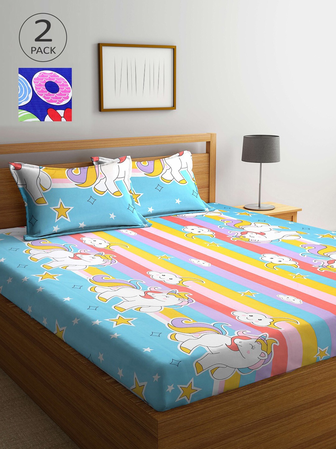 

Arrabi Blue & Pink Unicorn 210 TC 2 King Bedsheet with 4 Pillow Covers