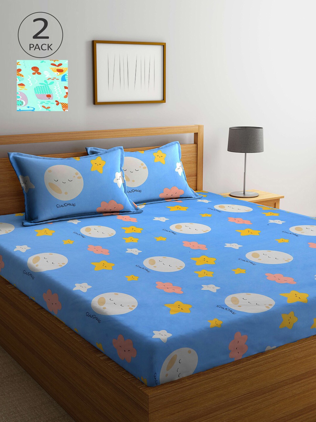 

Arrabi Blue & Green Cartoon Characters 210 TC 2 King Bedsheet with 4 Pillow Covers