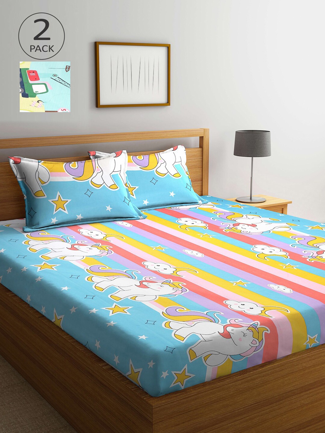 

Arrabi Blue & Green Cartoon Characters 210 TC 2 King Bedsheet with 4 Pillow Covers