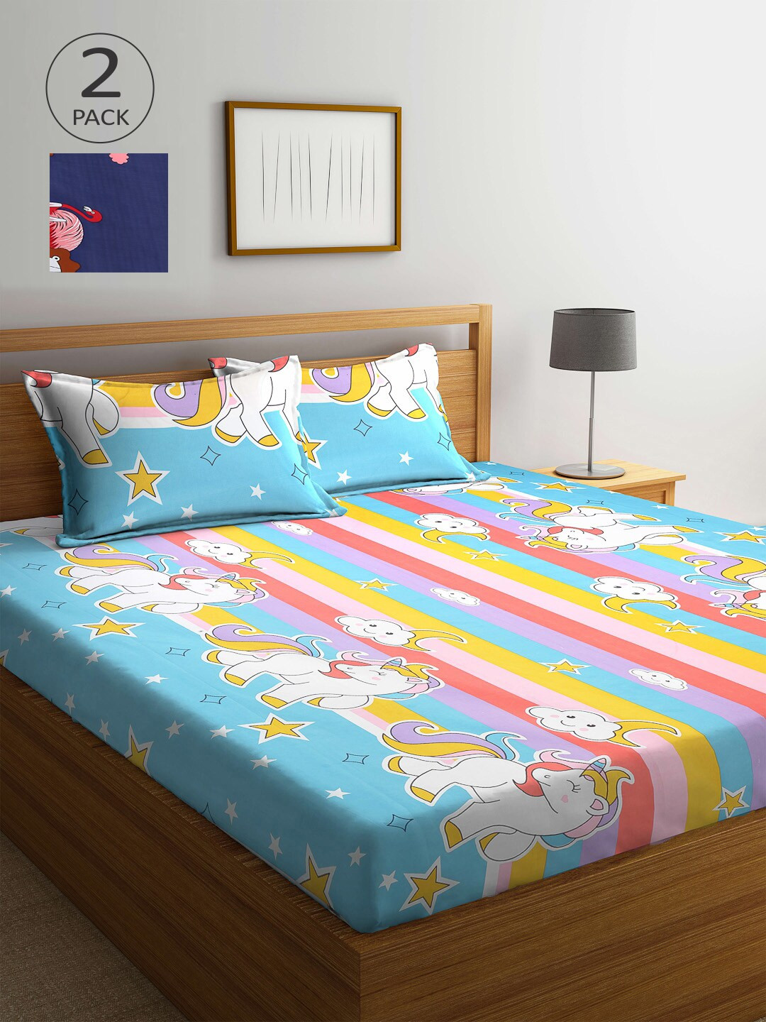 

Arrabi Blue & Yellow Cartoon Characters 210 TC 2 King Bedsheet with 4 Pillow Covers