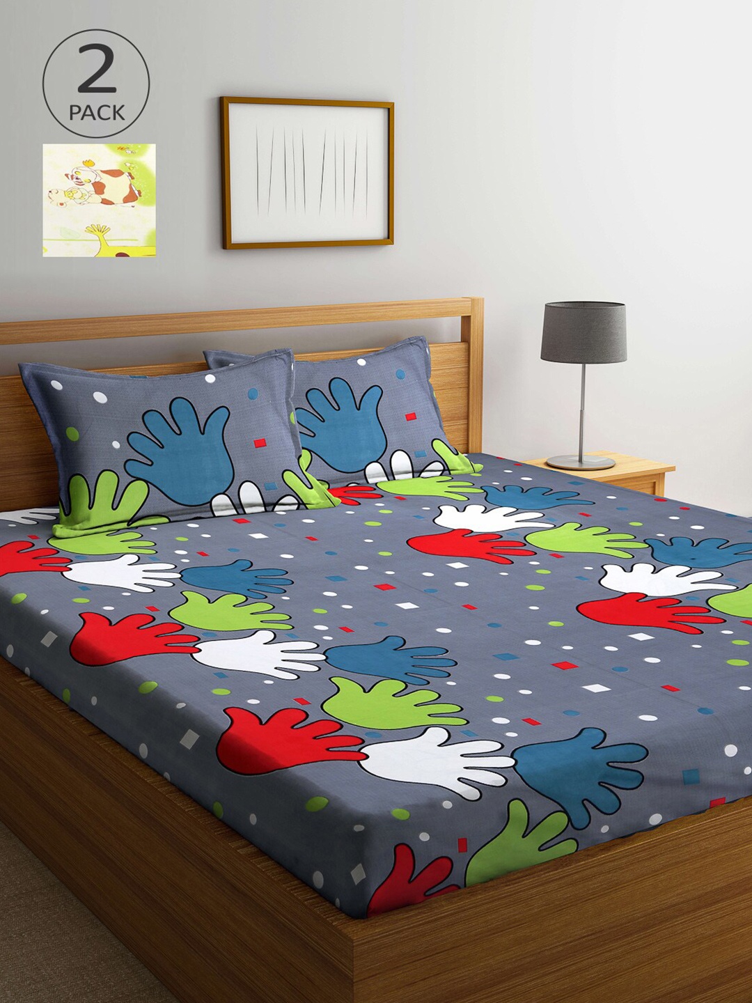 

Arrabi Grey & Cream-Coloured Cartoon Characters 210 TC 2 King Bedsheet with 4 Pillow Covers