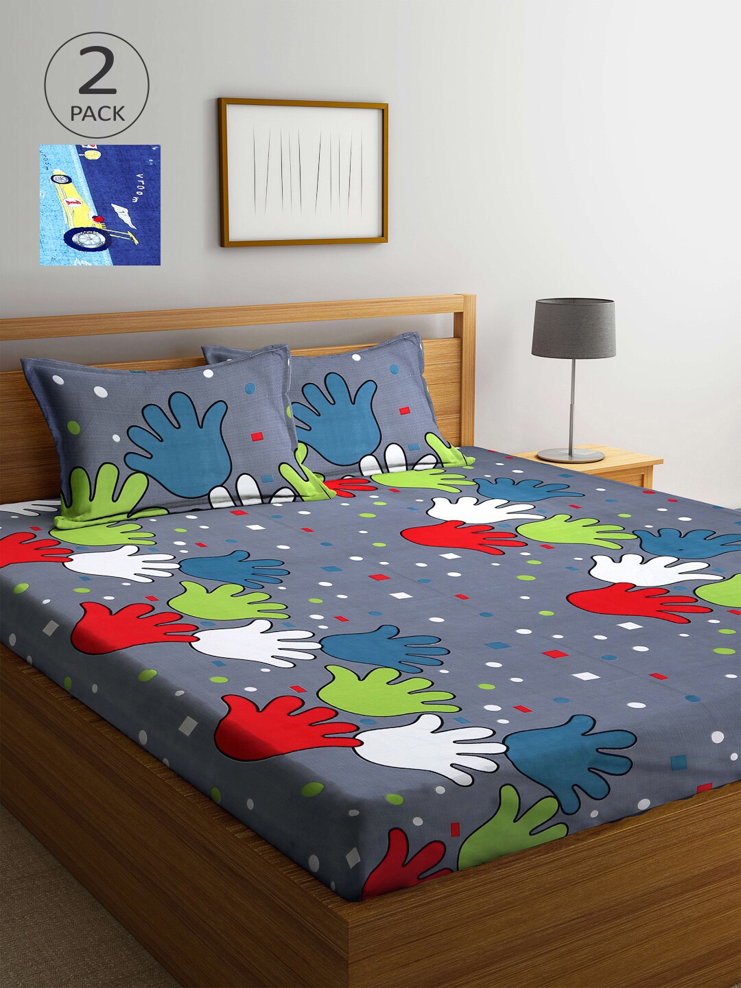 

Arrabi Grey & Blue Graphic 210 TC 2 King Bedsheet with 4 Pillow Covers