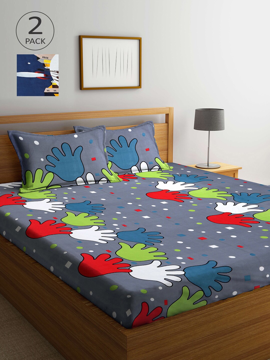 

Arrabi Grey & Blue Cartoon Characters 210 TC 2 King Bedsheet with 4 Pillow Covers