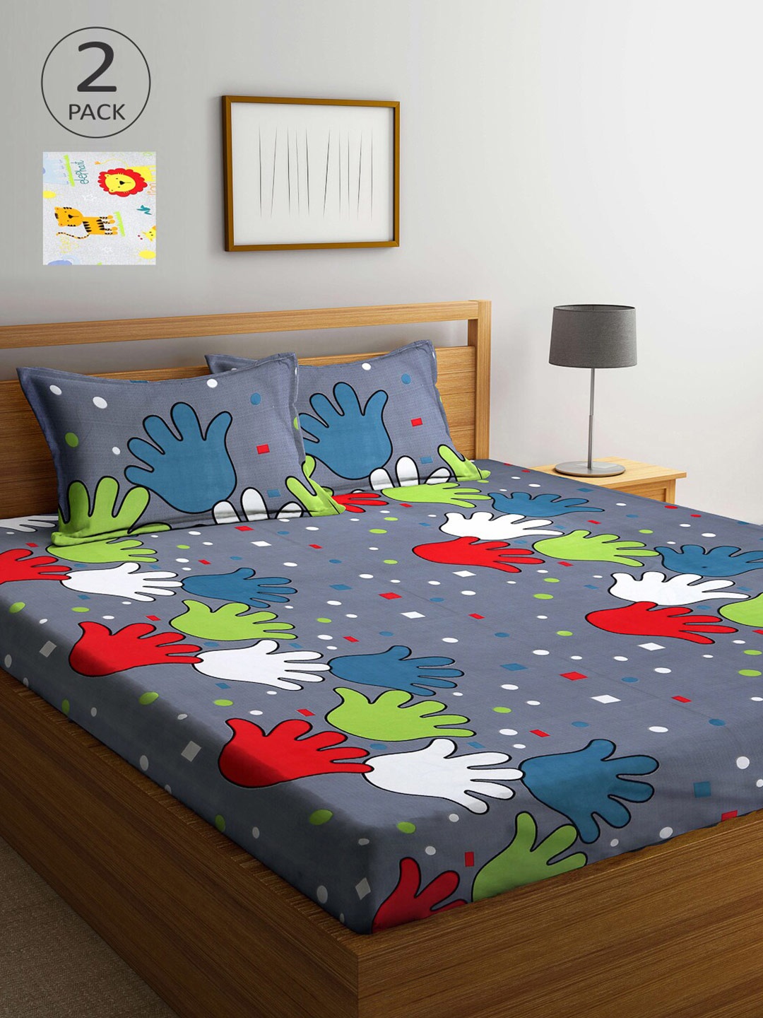 

Arrabi Grey & Green Cartoon Characters 210 TC 2 King Bedsheet with 4 Pillow Covers