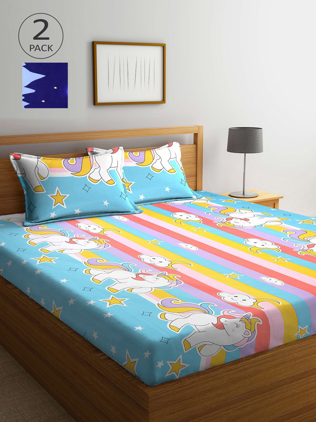 

Arrabi Blue & Yellow Cartoon Characters 210 TC 2 King Bedsheet with 4 Pillow Covers