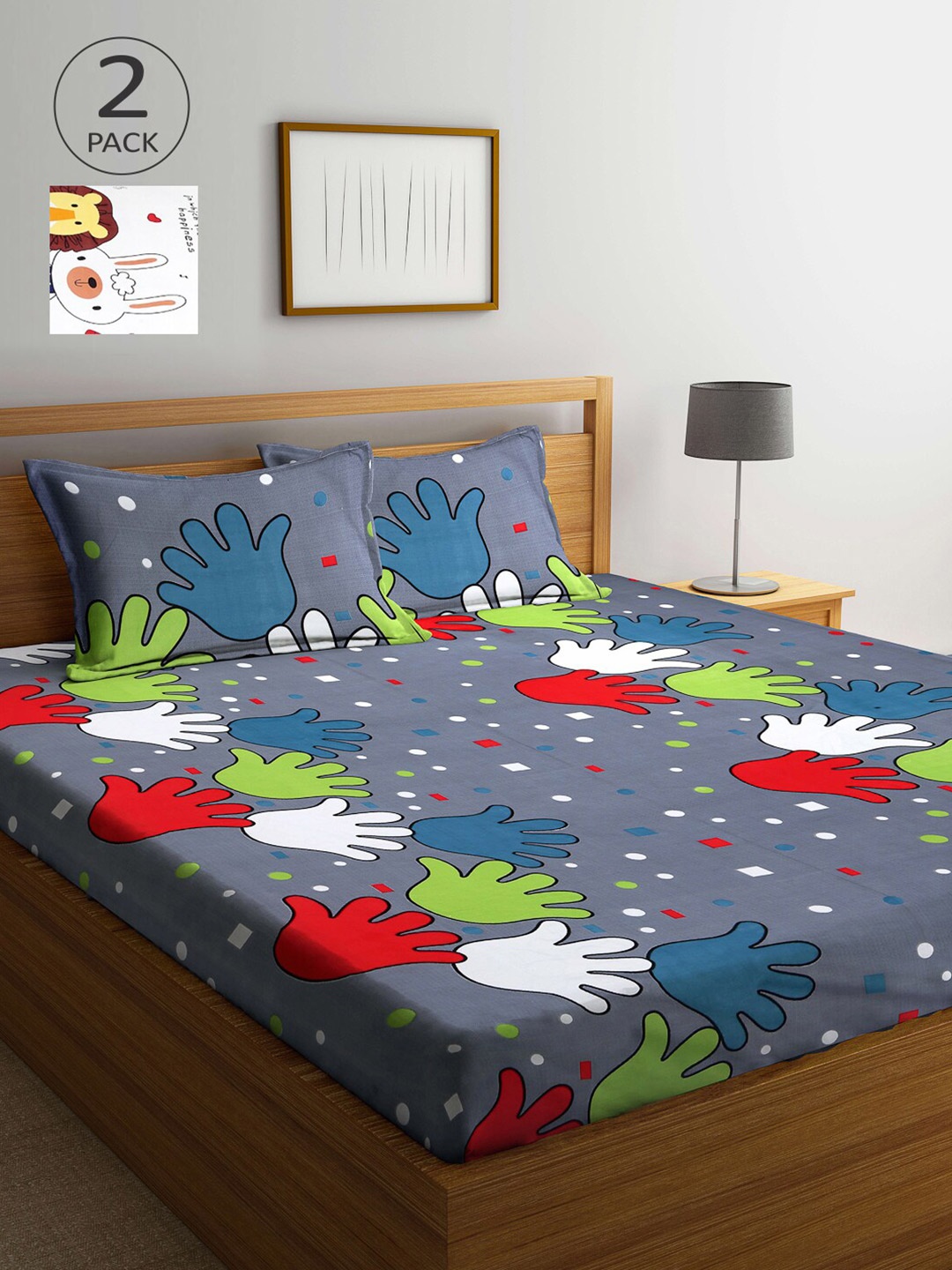 

Arrabi White & Green Cartoon Characters 210 TC 2 King Bedsheet with 4 Pillow Covers