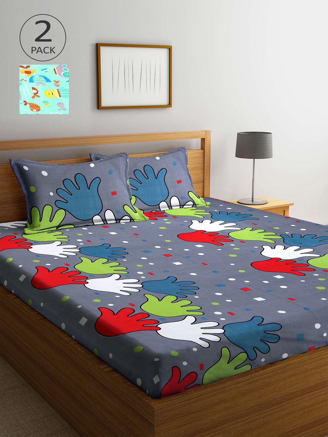 

Arrabi Sea Green & Grey Cartoon Characters 210 TC 2 King Bedsheet with 4 Pillow Covers