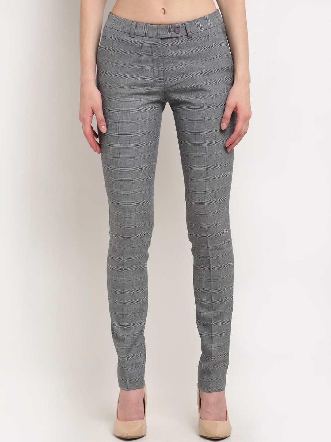 

Crozo By Cantabil Women Grey Checked Slim Fit Trousers