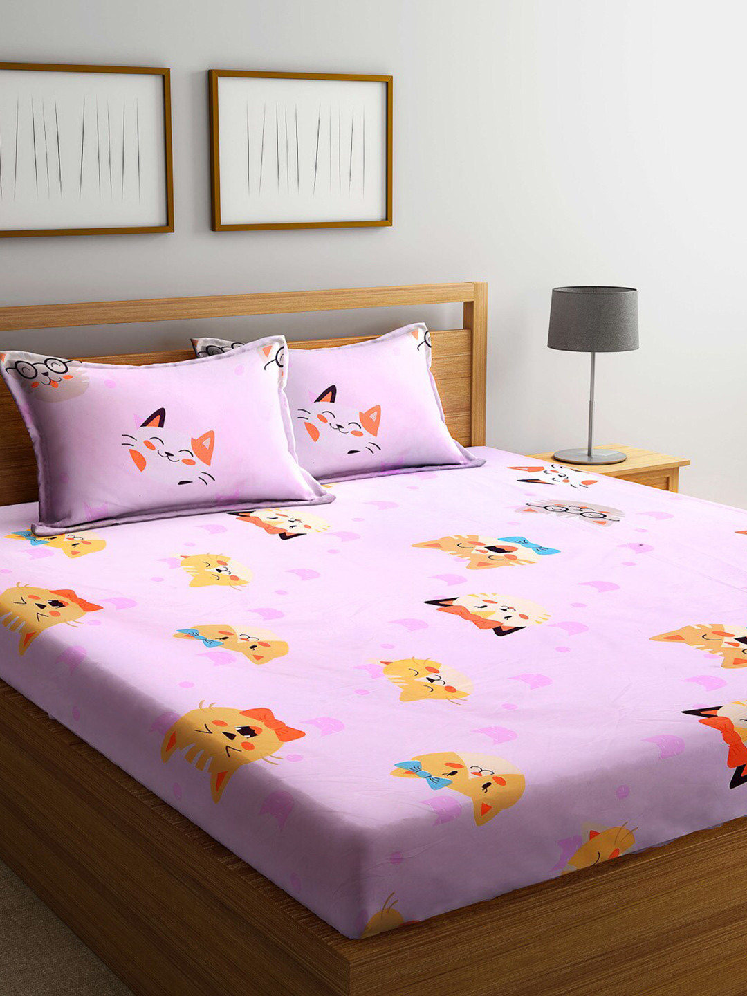 

KLOTTHE Pink & Orange Cartoon Characters 210 TC King Bedsheet with 2 Pillow Covers