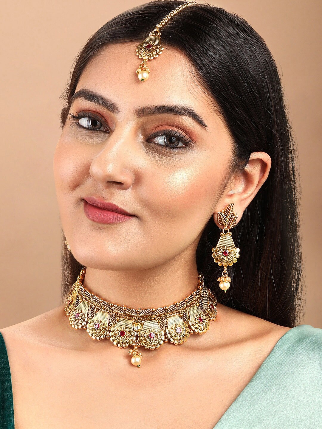 

Rubans Gold-Plated & White & Red Stone Studded Handcrafted Jewellery Set