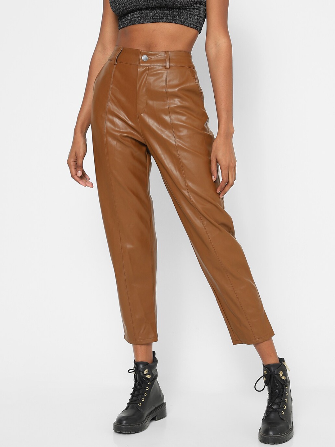 

ONLY Women Brown Tapered Fit High-Rise Trousers