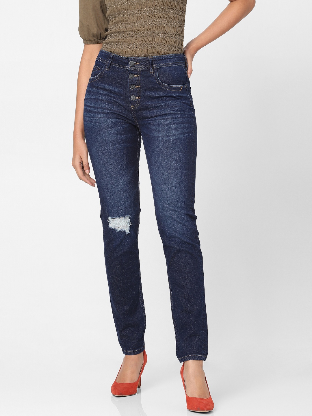 

Vero Moda Women Blue Skinny Fit High-Rise Highly Distressed Light Fade Stretchable Jeans