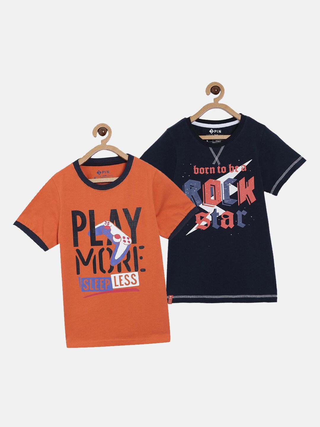 

3PIN Boys Pack of 2 Orange & Navy Blue Typography Printed T-shirt