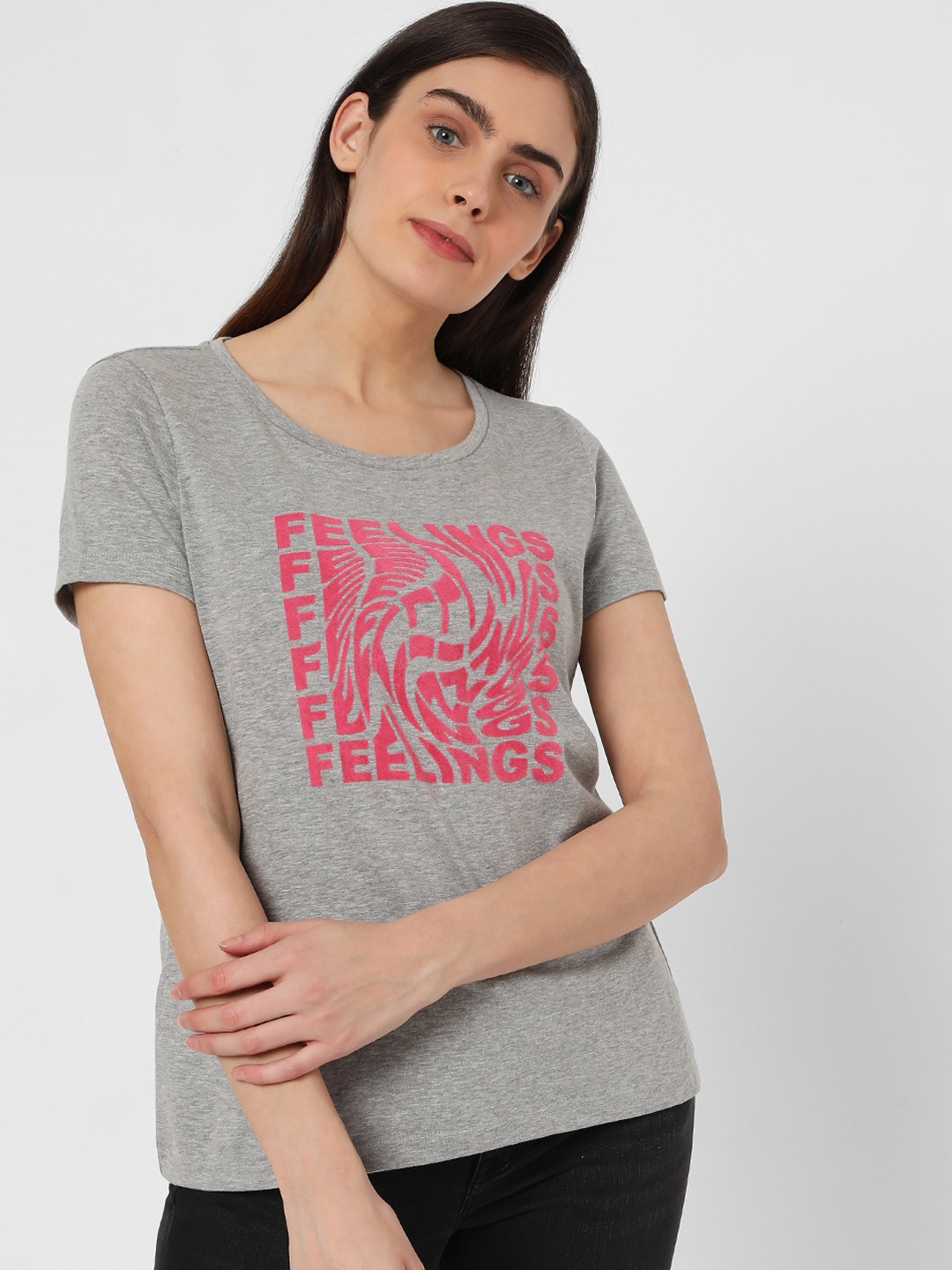 

Vero Moda Women Grey Melange Typography Printed T-shirt