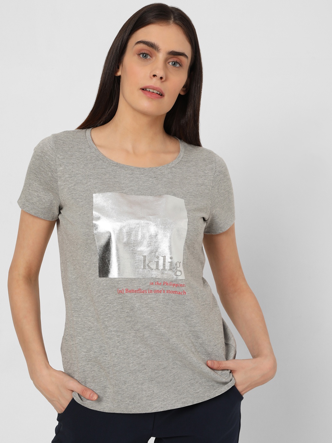 

Vero Moda Women Grey Typography Printed T-shirt