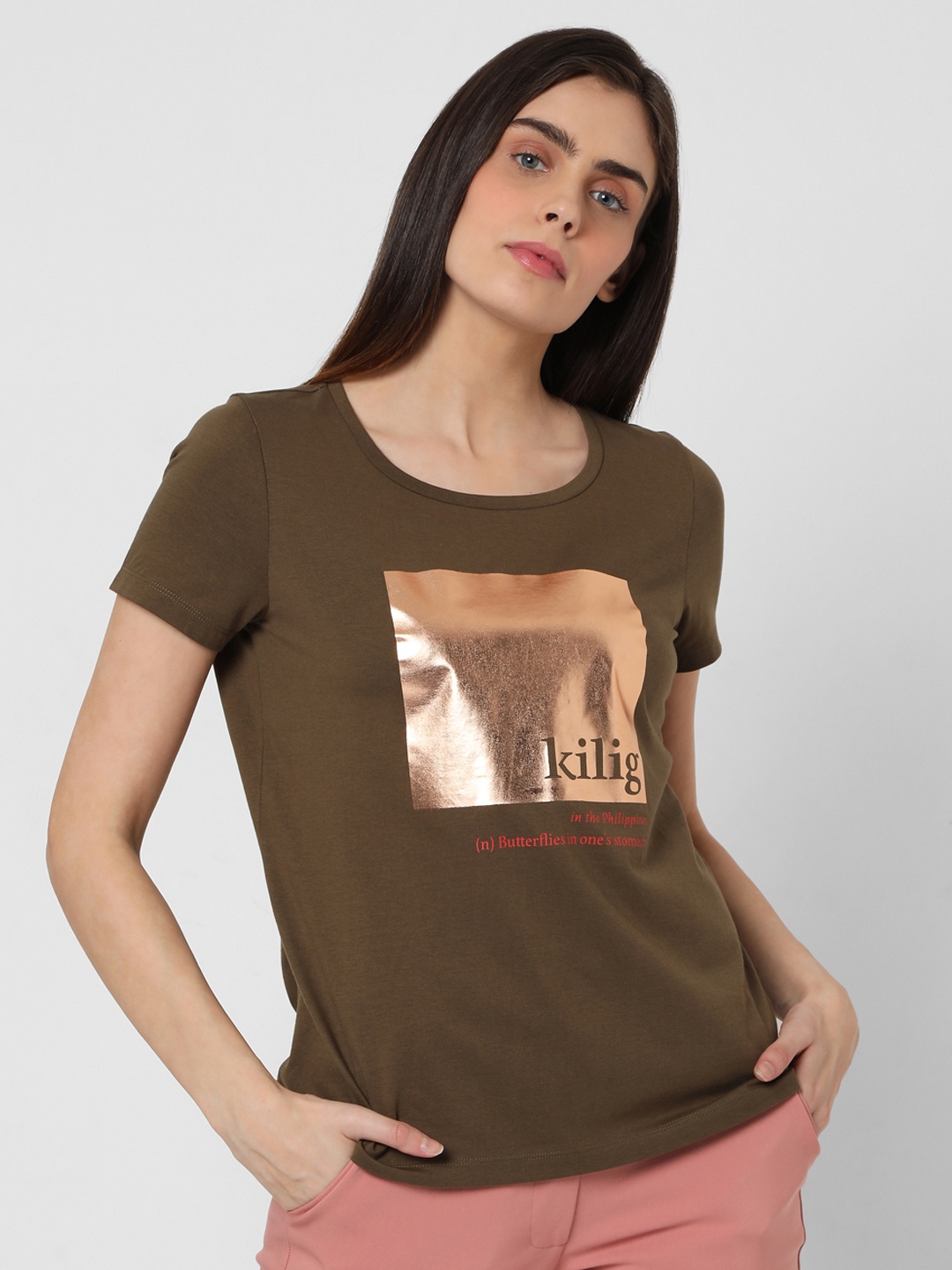 

Vero Moda Women Brown Typography Printed T-shirt