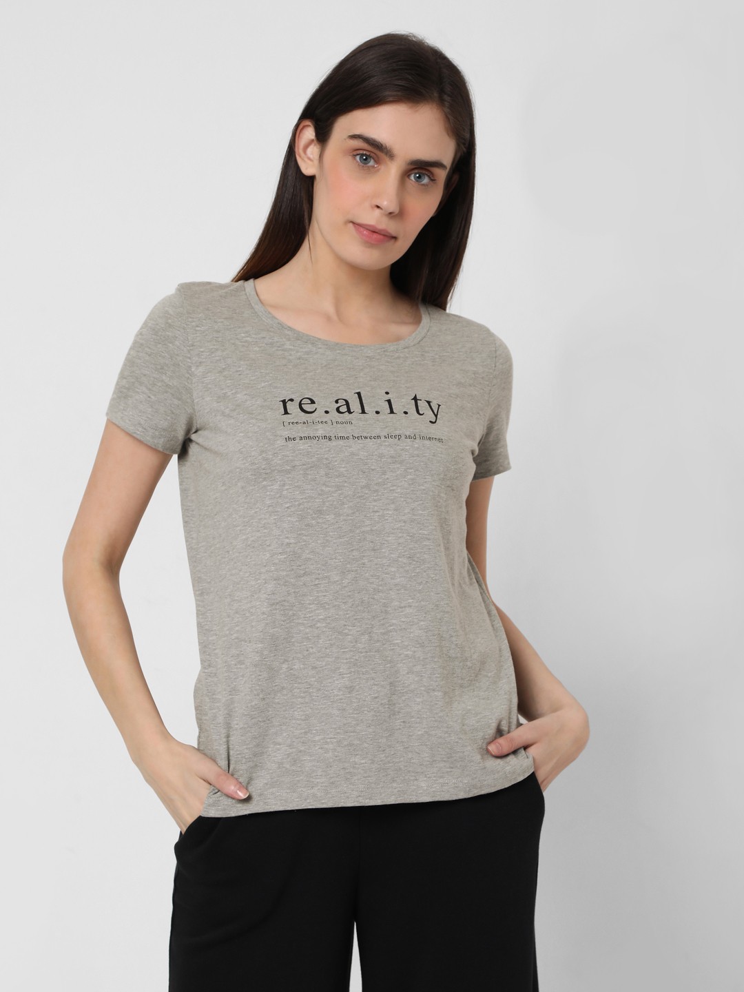 

Vero Moda Women Grey Typography Printed T-shirt