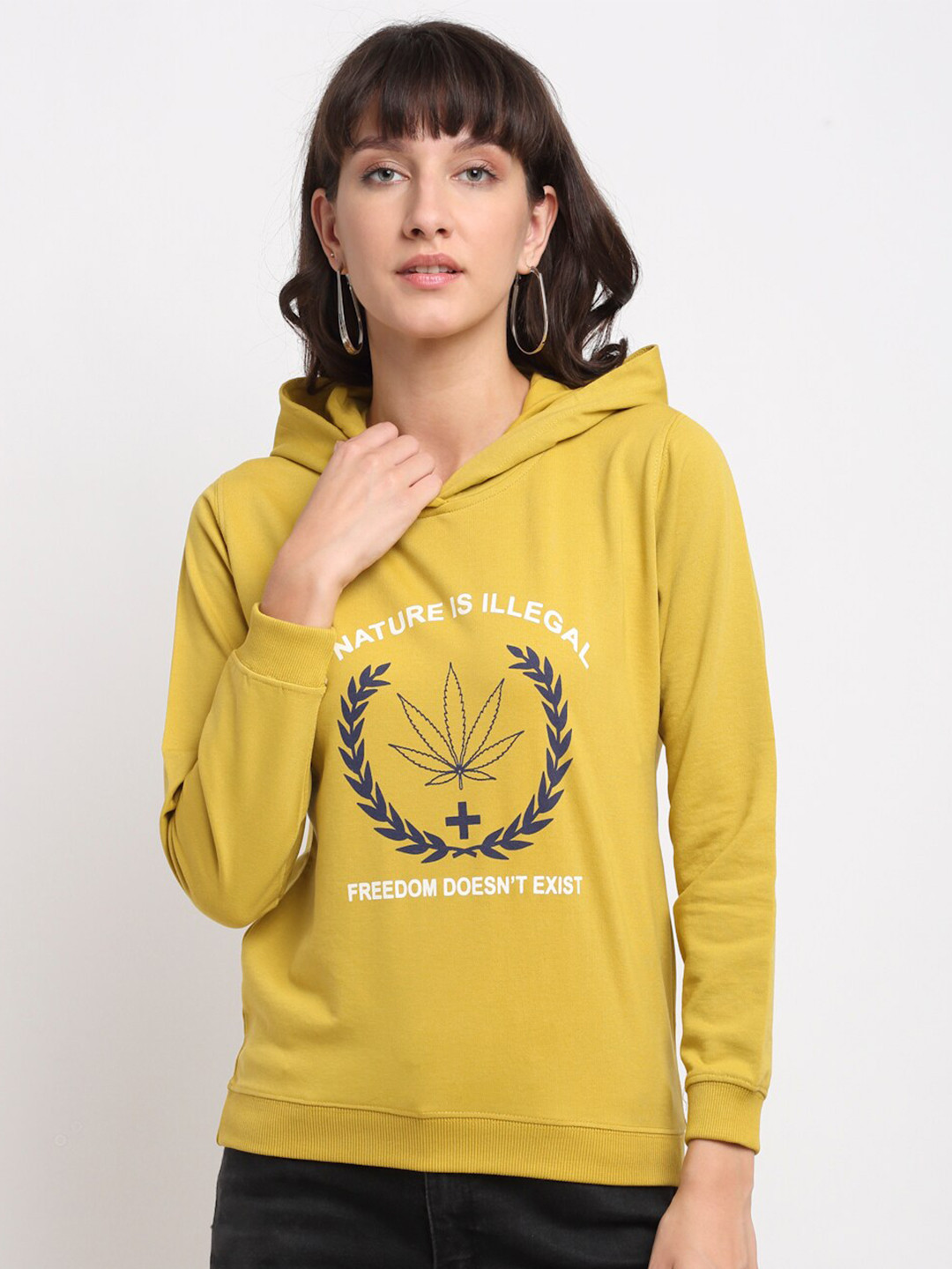 

ANTI CULTURE Women Mustard Yellow Printed Hooded Sweatshirt