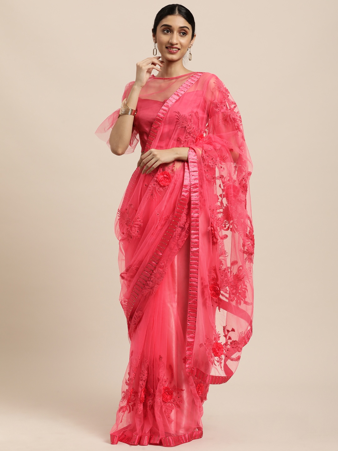 

Mitera Pink Embellished Embroidered Net Saree