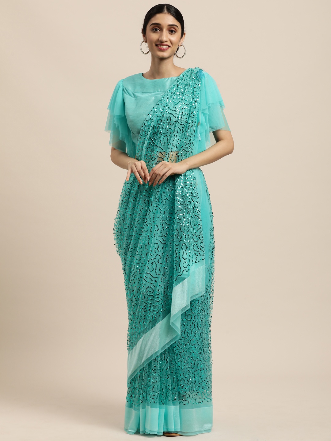 

Mitera Sea Green Embellished Embroidered Net Saree