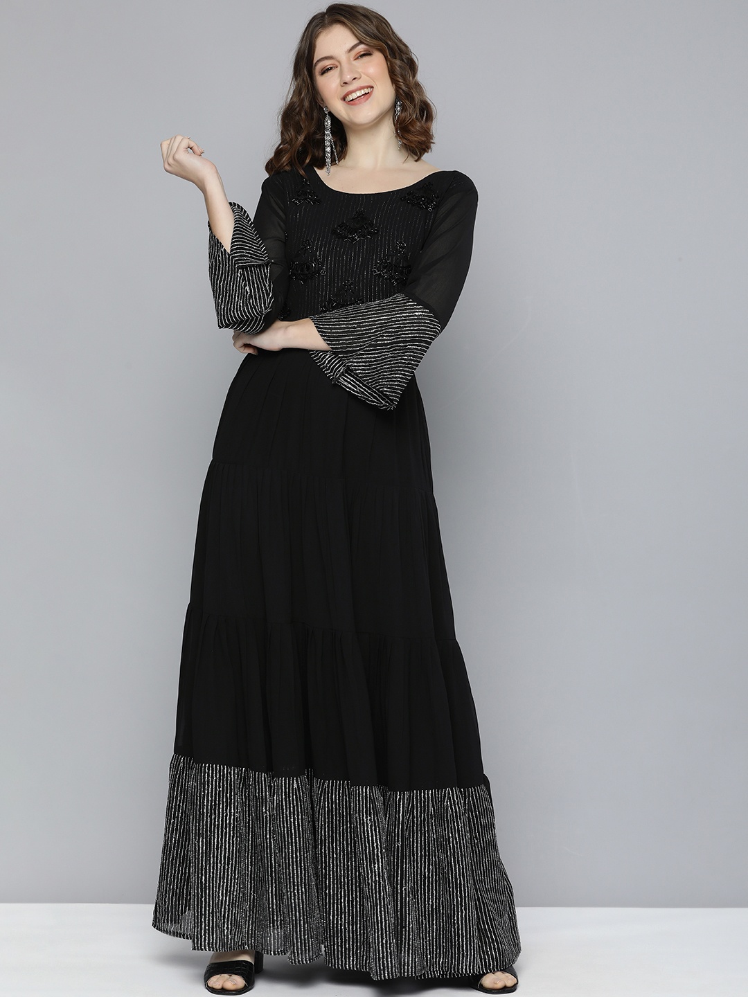 

Kvsfab Black Embellished Boat Neck Bell Sleeves Georgette Party Fit & Flare Maxi Dress