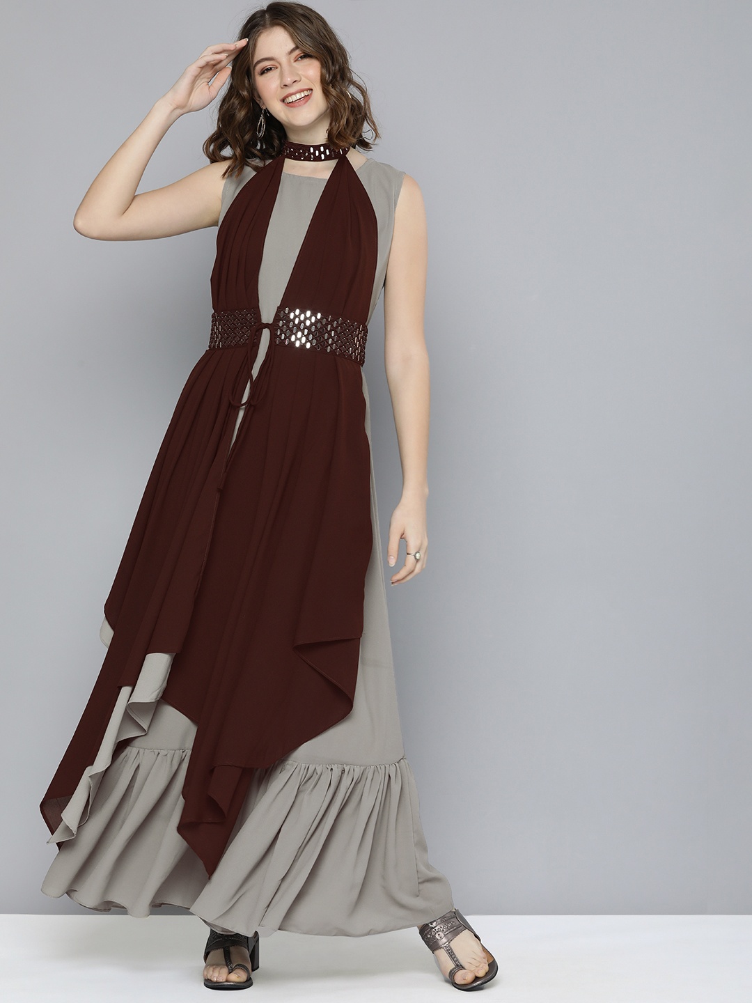 

Kvsfab Grey & Brown Embellished Halter Neck Tie-Ups Georgette Party Fit & Flare Maxi Dress