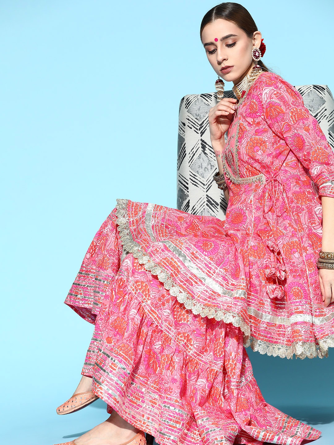 

Ishin Floral Printed Pure Cotton Short Kurti with Sharara, Pink