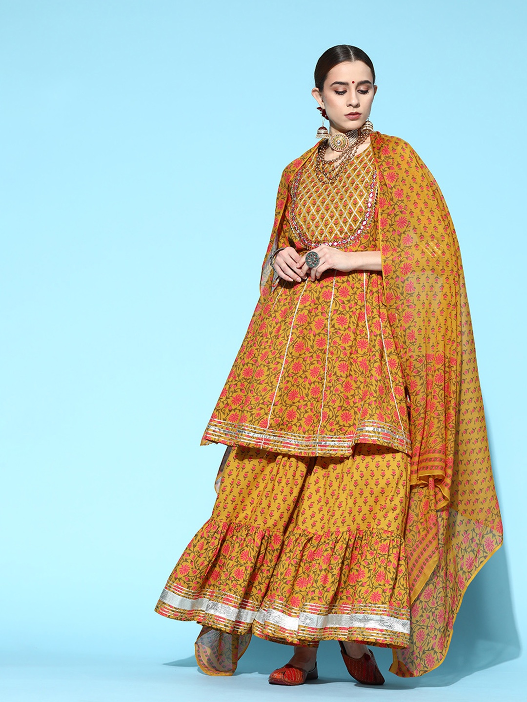 

Ishin Floral Cotton Blend Short Kurti with Sharara, Mustard
